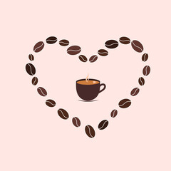 coffee cup with heart and coffee beans