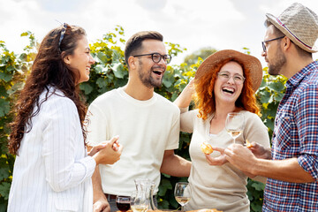 Four friends standing in vineyard with glasses of vine red and white drinking, relaxing and talk to each other in summer day.