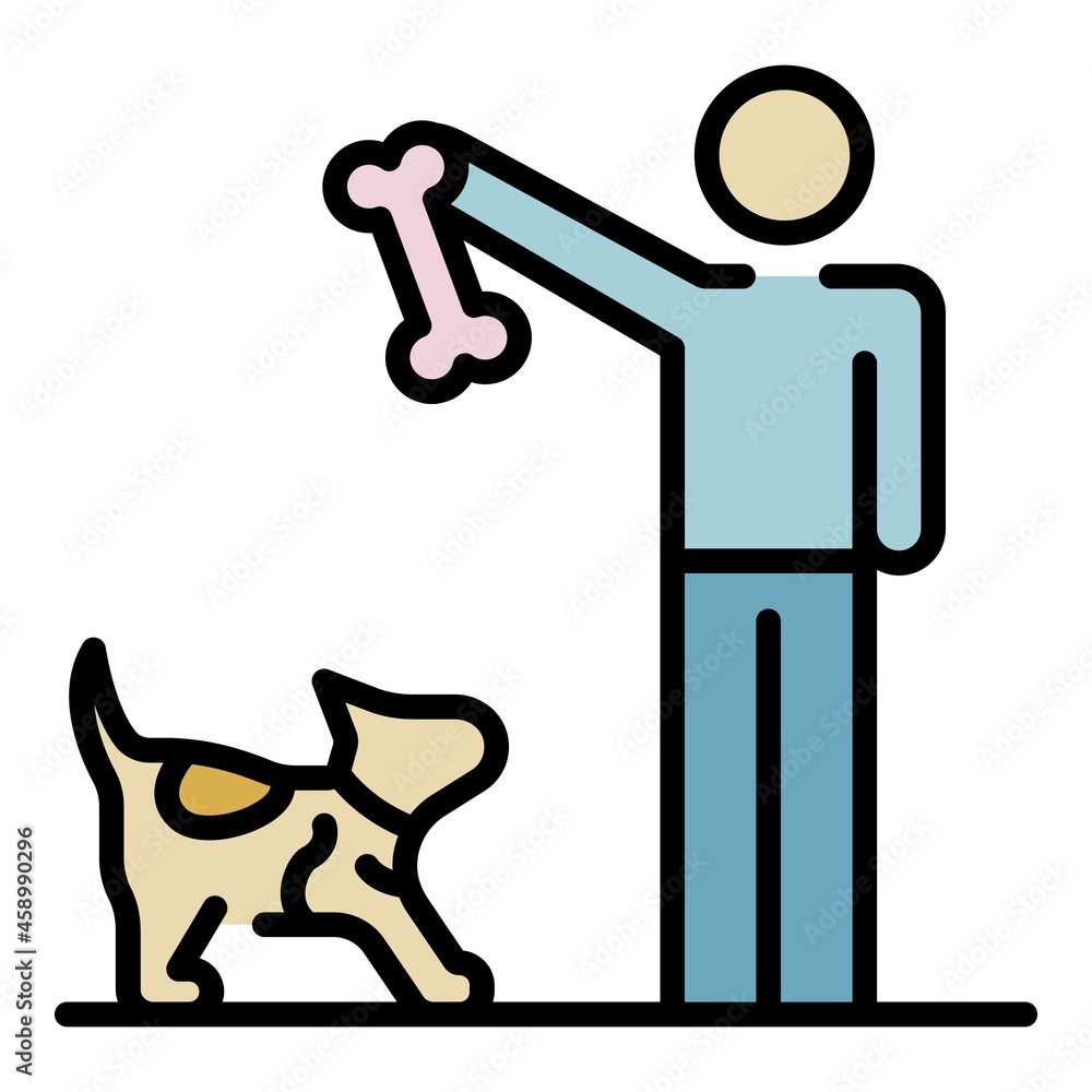 Poster man give bone to dog icon. outline man give bone to dog vector icon color flat isolated