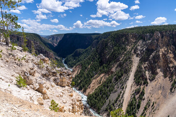 View from Inspiration Point in Yellowstone National Park, in the canyon area, looking down at the river