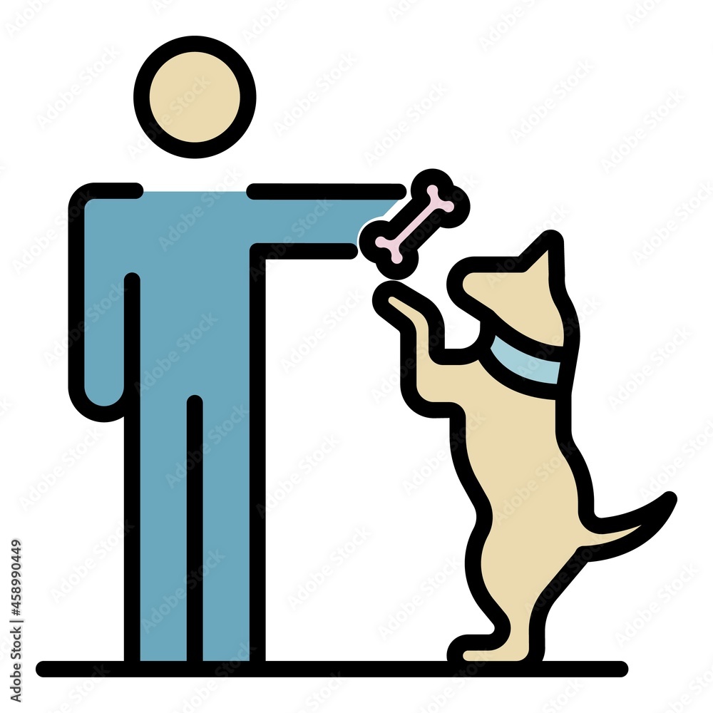Poster man give bone to dog icon. outline man give bone to dog vector icon color flat isolated