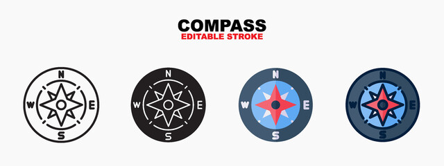 Compass icon symbol set of outline, solid, flat and filled outline style. Isolated on white background. Editable stroke. Can be used for web, mobile, ui and more.