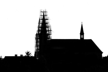 Scaffolding during the repair of the church tower. Vsechovice. East Moravia. Czechia. Europe.