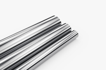 Close-up of metal pipes on a white background. A pile of iron pipes isolated on a white background. 3d render illustration