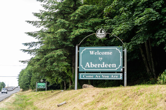 Aberdeen, Washington - July 8, 2021: Sign for Welcome to Aberdeen - Come As You Are. This is the home of Nirvana Kurt Cobain