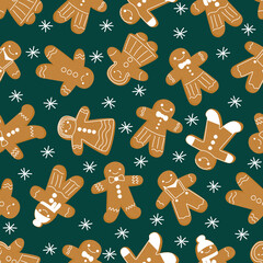 Christmas gingerbread man seamless pattern. New Year cookie. Ginger man pattern on a green background. Snow and snowflakes. Stock vector flat cartoon illustration.