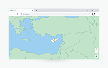 Browser window with map of Cyprus, searching  Cyprus in internet.