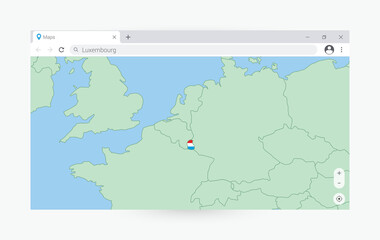 Browser window with map of Luxembourg, searching  Luxembourg in internet.
