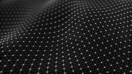 Digital technology background. Abstract dynamic wave of connected dots and lines on dark background. Wave of bright particles. Big data. 3d rendering.
