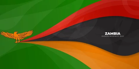 Foto op Aluminium Flying eagle with gripping the red black yellow flag on green background. Zambia independence day background design. © Labib_Retro