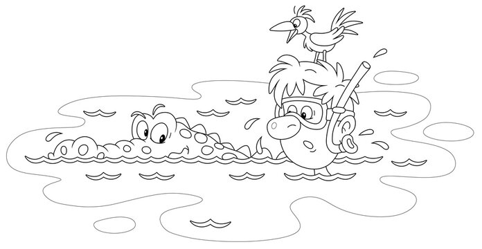 Dangerous adventure of a funny intrepid diver with a mask and a snorkel swimming in a tropical lake near an angry big green crocodile, black and white outline vector cartoon illustration