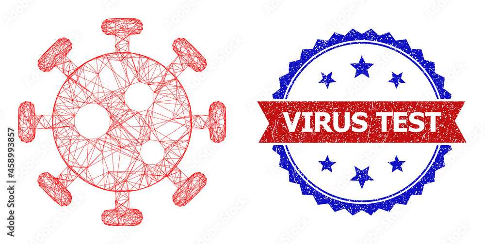 Poster net mesh virus frame icon, and bicolor grunge virus test seal stamp. flat mesh created from virus pi