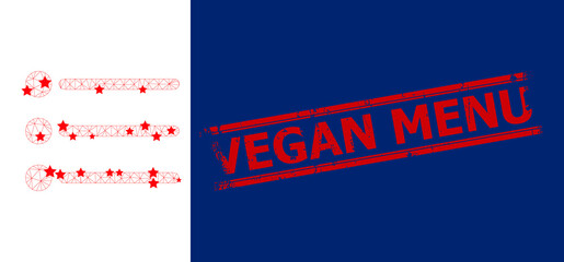 Mesh list items polygonal icon vector illustration, and red VEGAN MENU dirty stamp imitation. Model is created from list items flat icon, with stars and triangle mesh.