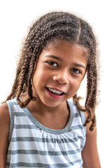 Little girl doing facial expressions face on white background.