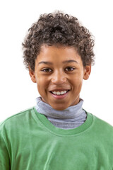 Little biracial smiling portrait on white close-up. Happy smile on white background.