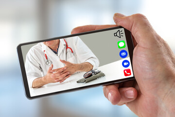 Hand of a man holding Smartphone, mobile phone with calling icon in here,phone ,song,camera,and messaging,and live chat ith doctor on screen on white backgroud.