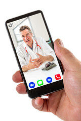 Hand of a man holding Smartphone, mobile phone with calling icon in here,phone ,song,camera,and messaging,and live chat ith doctor on screen on white backgrou,d.
