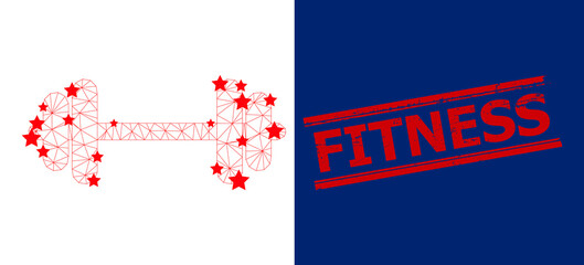 Fototapeta premium Mesh barbell polygonal icon vector illustration, and red FITNESS scratched seal. Carcass model is based on barbell flat icon, with stars and triangle mesh. FITNESS text is between parallel lines.