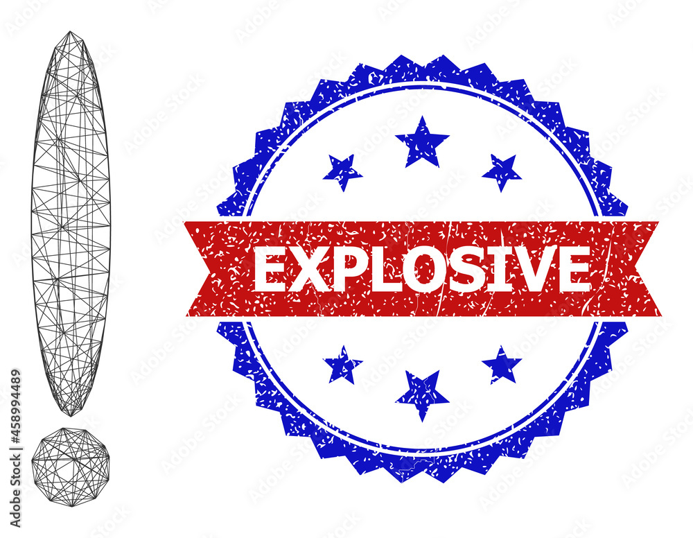 Poster net mesh exclamation sign frame icon, and bicolor scratched explosive seal stamp. flat mesh created 
