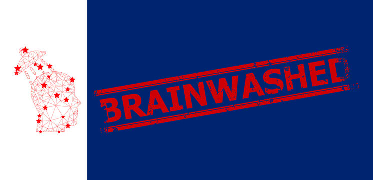 Mesh brainwashing polygonal icon vector illustration, and red BRAINWASHED scratched badge. Carcass model is based on brainwashing flat icon, with stars and triangle mesh.