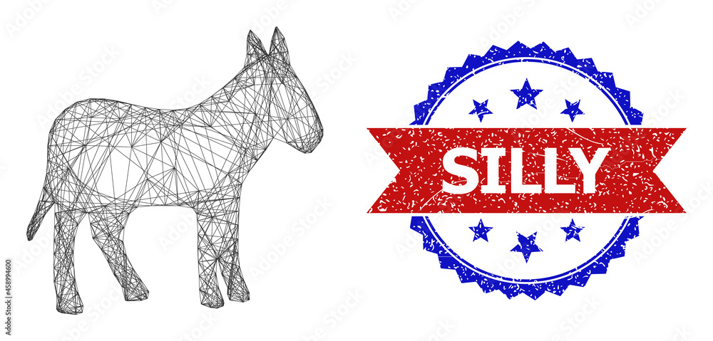 Poster crossing mesh donkey frame icon, and bicolor dirty silly seal. flat model created from donkey icon a