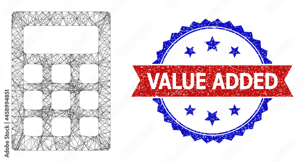 Poster network calculator wireframe icon, and bicolor dirty value added seal stamp. flat mesh created from 