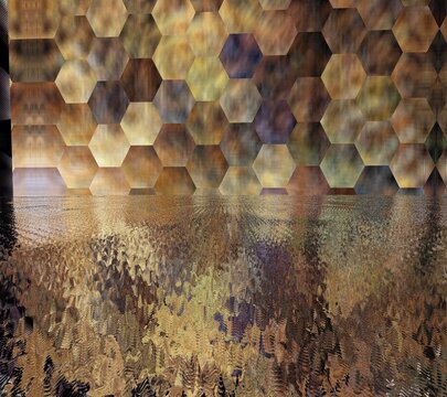 intricate and detailed patterns and design in bronze copper and silver grey colours reflection and ripples in the water