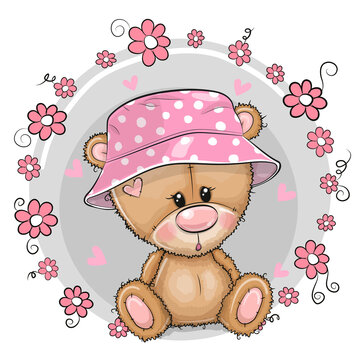 Cartoon Teddy Bear girl in a panama hat