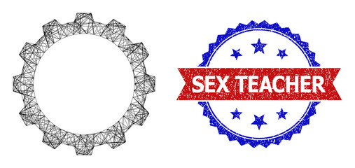 Net gear frame icon, and bicolor dirty Sex Teacher seal stamp. Flat frame created from gear icon and crossing lines. Vector imprint with scratched bicolored style,