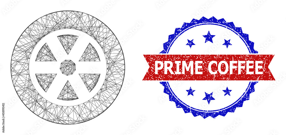 Poster mesh net wheel framework icon, and bicolor scratched prime coffee stamp. flat framework created from