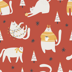 Seamless pattern with cute christmas cats. Hand drawn vector illustration for wrapping, textile