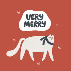 Cute cat & very merry lettering. Hand drawn vector illustration. Christmas card template