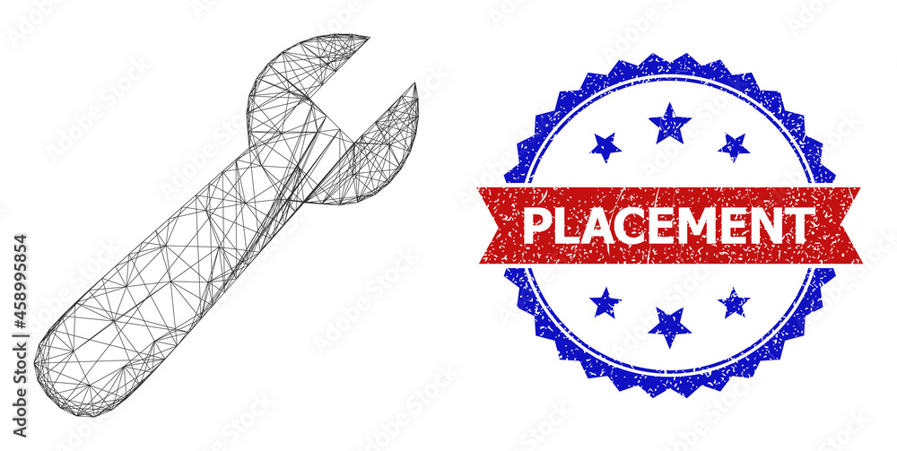 Poster mesh net wrench carcass icon, and bicolor dirty placement seal stamp. flat frame created from wrench