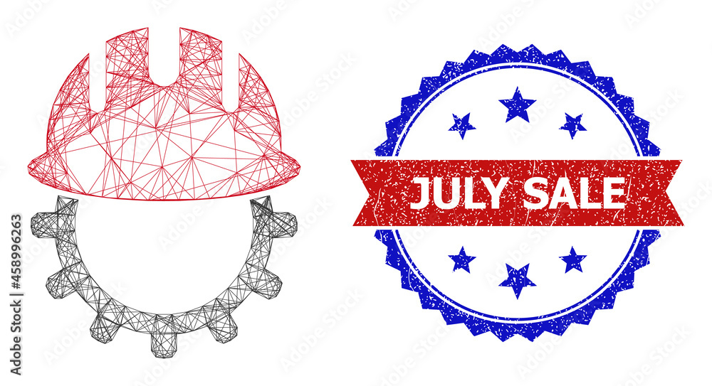 Poster mesh net mechanics engineering framework icon, and bicolor grunge july sale seal. flat carcass creat