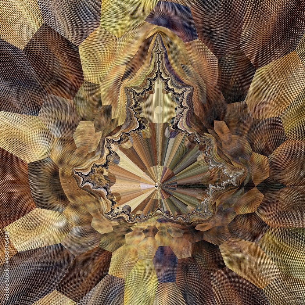 Poster intricate and detailed patterns and fractal mandelbrot type design in bronze copper and silver grey 