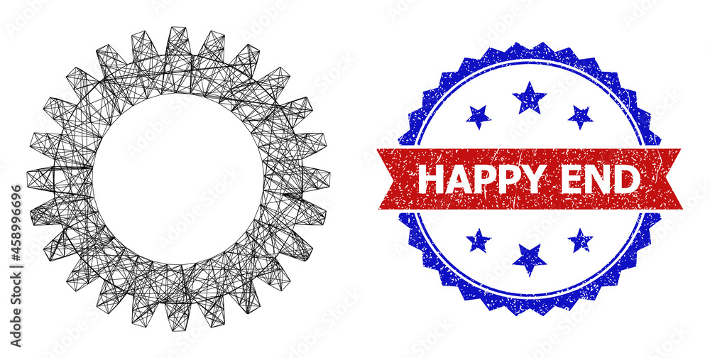 Poster crossing mesh cogwheel carcass icon, and bicolor unclean happy end seal. flat carcass created from c