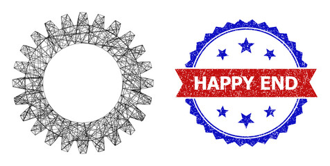 Crossing mesh cogwheel carcass icon, and bicolor unclean Happy End seal. Flat carcass created from cogwheel symbol and intersected lines. Vector seal with scratched bicolored style,