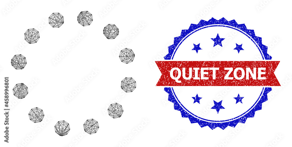 Poster mesh net dotted circle perimeter framework illustration, and bicolor grunge quiet zone seal stamp. f