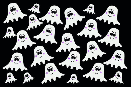 Little cute ghosts.Halloween seamless pattern isolated on black background.Halloween set - cute ghosts seamless pattern with white spirit.