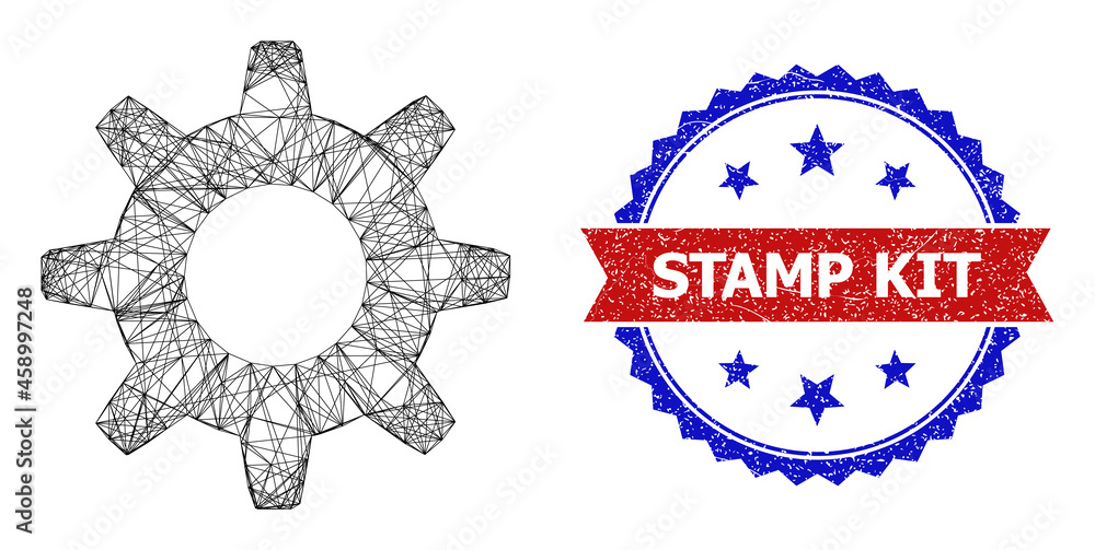Poster crossing mesh cogwheel model icon, and bicolor scratched stamp kit stamp. flat framework created fro
