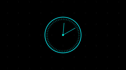 Fototapeta na wymiar clock abstract cyan color digital clock animation on black background. time clock animation in 12 hour.