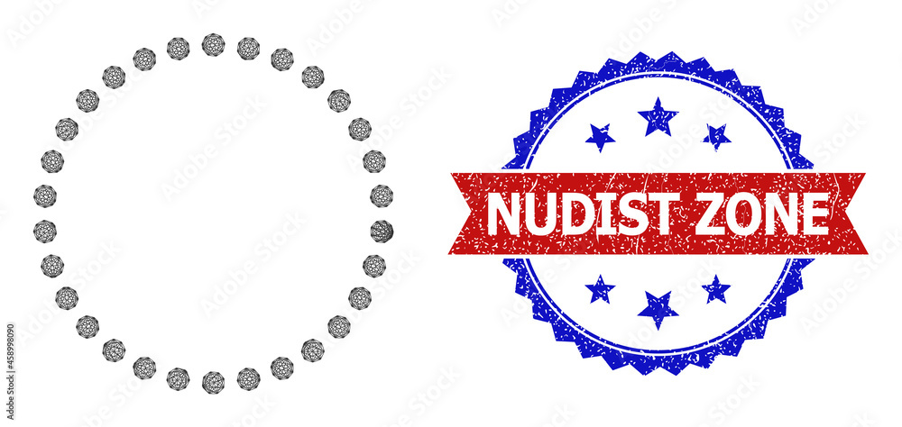Poster mesh net dotted circle wireframe icon, and bicolor scratched nudist zone seal stamp. flat structure 
