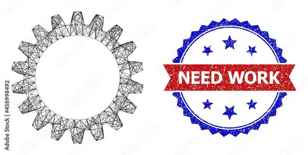 Poster net cogwheel frame icon, and bicolor textured need work watermark. flat framework created from cogwh