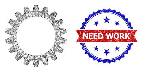Net cogwheel frame icon, and bicolor textured Need Work watermark. Flat framework created from cogwheel icon and intersected lines. Vector watermark with scratched bicolored style,
