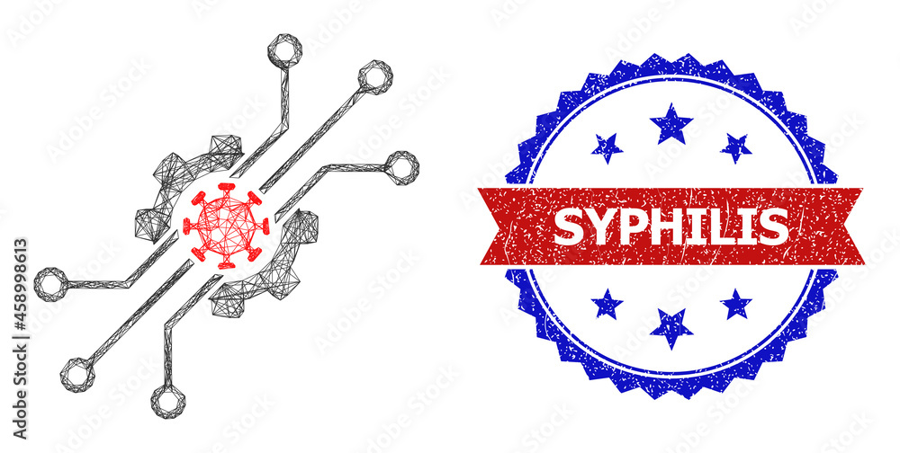 Poster mesh net artificial virus framework icon, and bicolor textured syphilis stamp. flat framework create