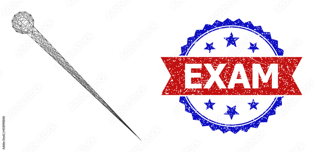 Poster net mesh needle framework icon, and bicolor dirty exam stamp. flat structure created from needle ico