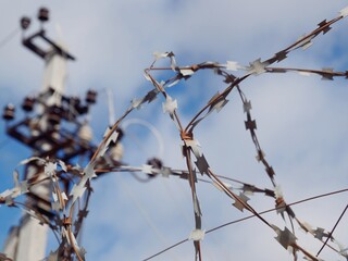 Barbed wire, the sky in the clouds. Fencing to protect the territory. Detention in prison. Restriction of freedom.
