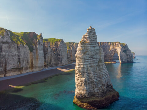 Aerial view of Etretat peak and Manneporte, Normandy, France.