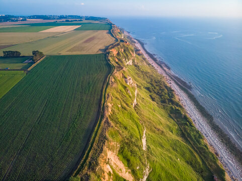 Aerial view of Octeville Coastline westside with Le Havre city in background, Normandy, France.