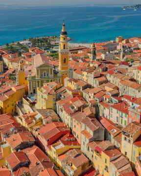 Aerial view of colourful houses in Menton, Cote d'Azur, France.